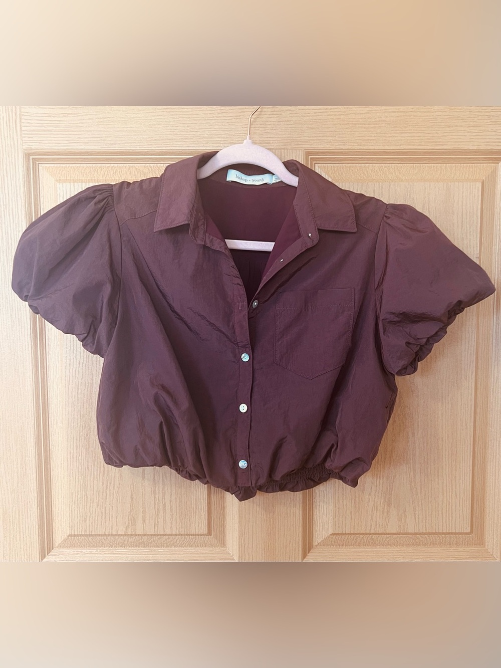 bishop + young Wine Puff-Sleeve Cropped Button-Down Top